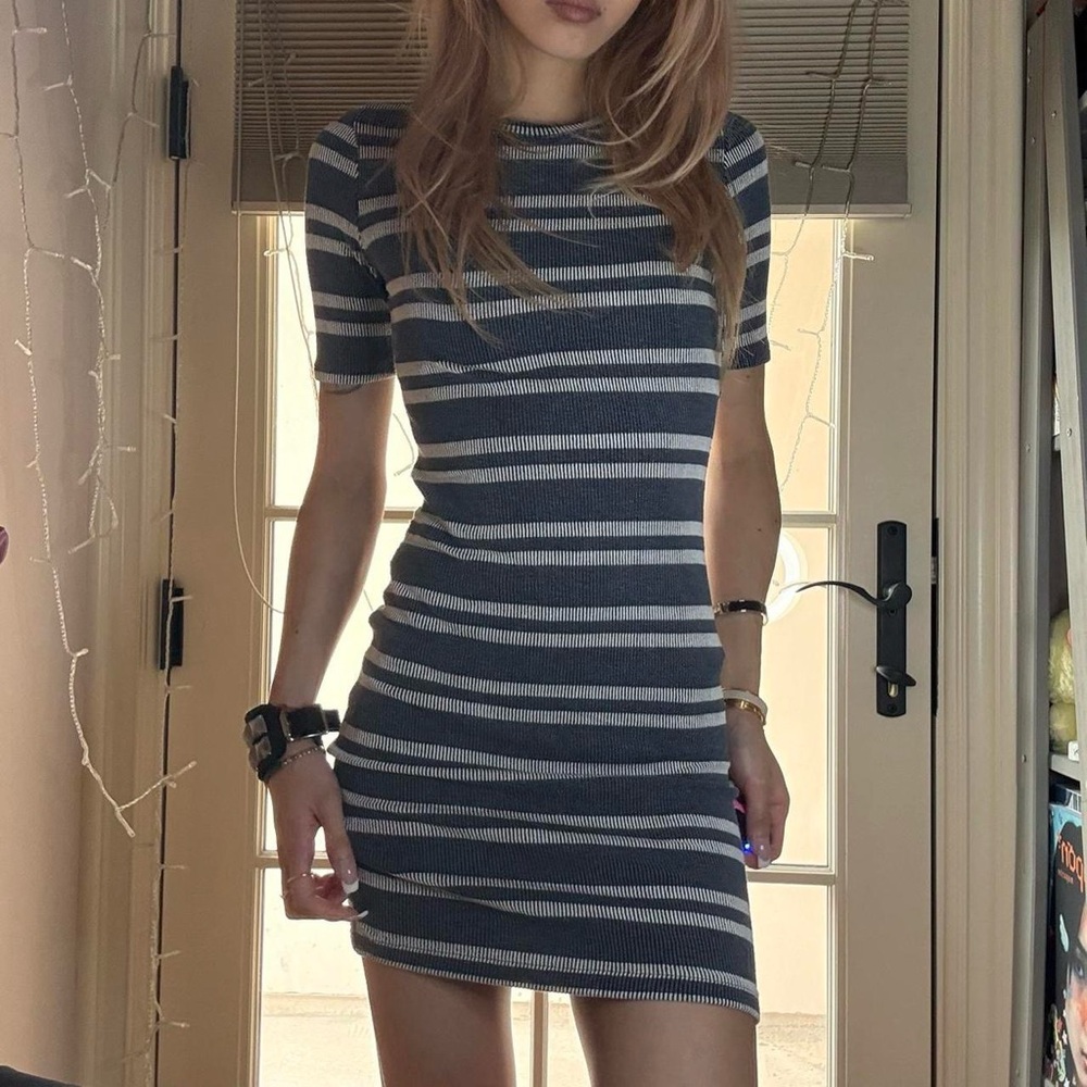 XS Nordstrom BP Muted Grey/Blue Ribbed Bodycon/Slim Mini Striped T-shirt Dress